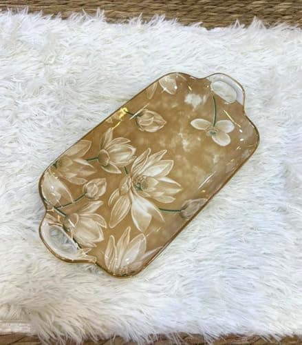 Generic Porcelain Serving Tray with Floral Design, 2 Handles, 28 x 15 cm .A2