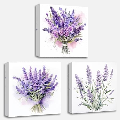 QIXIANG Lavender Canvas Wall Art 3 Pieces Rustic Purple Flowers Country Floral Painting Prints for Bathroom Bedroom Living Room Decor Framed (Lavender,12.00" x 12.00" x3Pcs)