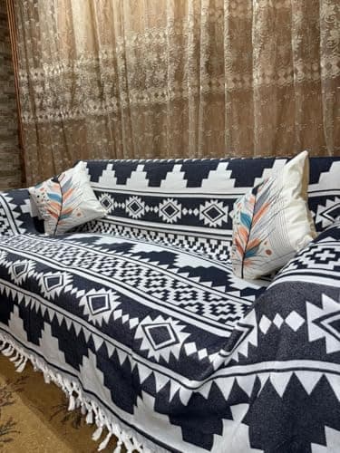 Generic Handmade Boho Sofa Throw Blanket, Navy Blue and White, Aztec Pattern, with Fringe, 240x260 cm, .Ims