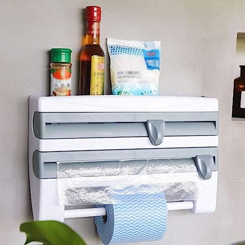Generic 4-in-1 Kitchen Organizer - Wall Mount ABS White & Grey Paper Towel Holder with Spice Rack & Built-in Cutter