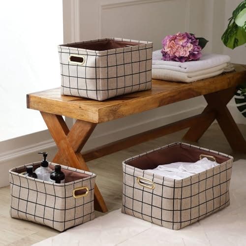 Generic Linen Storage Basket Set, Beige Checkered, Foldable, for Clothes, Toys and Accessories, 3 Piece, .db