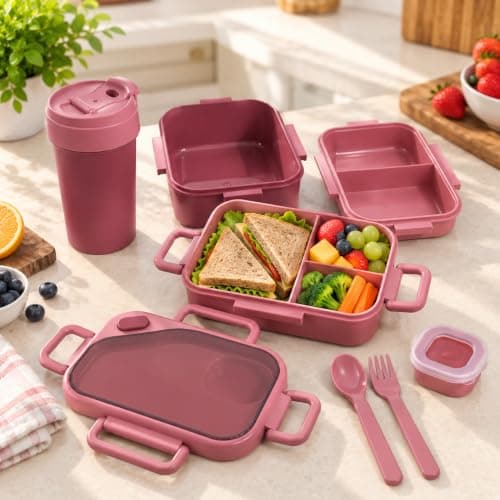 Lunch Box Water Bottle, BPA Free, Leakproof, Food Grade, Spoon Fork Maroon | Includes Chutney Box And Dividers, Portable Combo For School, Office, Picnics, Travel, Kindergarten And Everyday Meals Meal holder