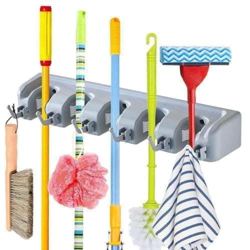 5 Wall Broom Holder – Multi-Compartment Cleaning Tool Organizer & Sturdy Hook | Suitable for Kitchen, Bathroom, Pantry