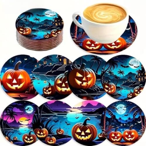 Halloween Pumpkin Round Coasters, 10cm, Set of 8 | Jack-o-Lantern Design, 8 Unique Patterns, Drink Protection, Festive Table Decor, Spooky Night Scene