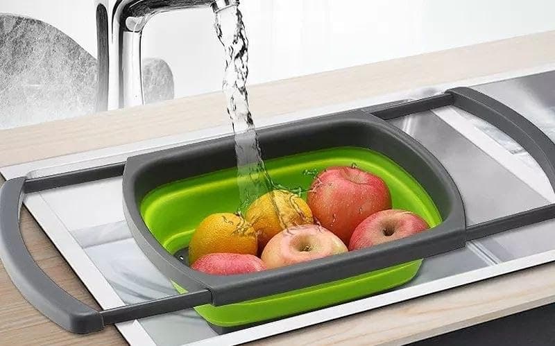 Generic Collapsible Over-the-Sink Colander with Extendable Handles, Silicone and Plastic, Green, for Washing Fruits and Vegetables, .ash Food strainer