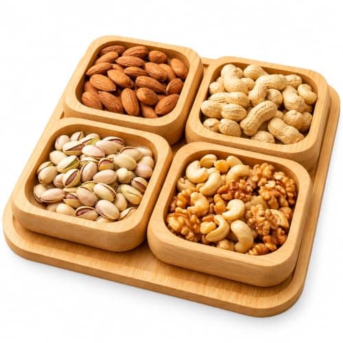 Square Bamboo Snack Serving Tray 20x20 cm with 4 Bowls | 4 Separate Bowls, Each Bowl 10x10 cm, Nuts & Dates Tray, Appetiser Serving, Modern Design