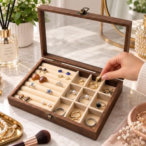 Wooden Jewelry Box, HD Glass Lid, Velvet Lining, Ring Earring Bracelet Case | HD Glass Lid, Velvet Lining, Jewelry Storage, Compact Design For Rings, Earrings, Bracelets, Brooches, Travel And Home