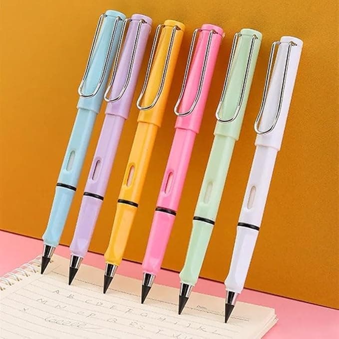 Infinity Forever Pencils 6 Count, Long Lasting Inkless Metal Pencils with Eraser, No Sharpening Needed, Reusable Writing & Drawing Pencils for Kids and Adults