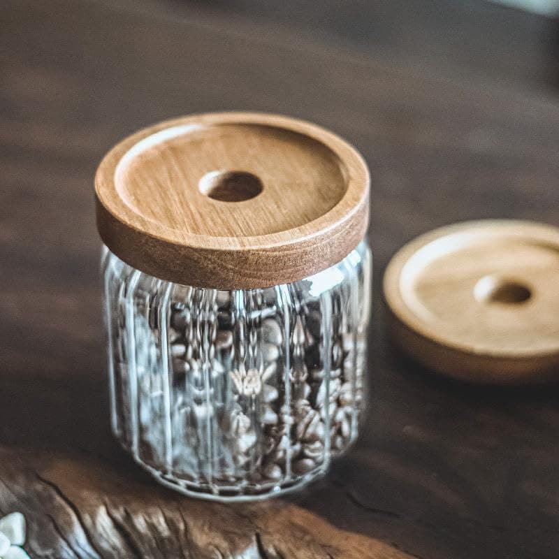 Generic Glass Storage Jar with Wooden Lid, Clear, 500ml, Heat Resistant, Multi-Purpose, 9x10cm, .mk