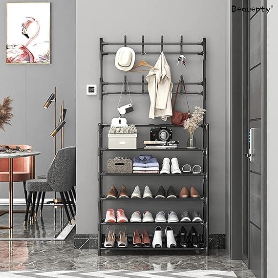 USHOP | Versatile Metal Clothes Hanger Stand with 5 Shoe Racks and Hanging Hooks – Entryway & Bedroom Organizer Space Saving Design