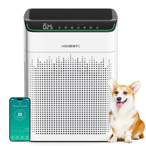 MORENTO Intelligent HEPA Air Purifier for Efficient Against Allergens up to 158 m² for Rooms, Compatible with App and Alexa, Monitors Air Quality 1 Pack + 2 Pack Filters