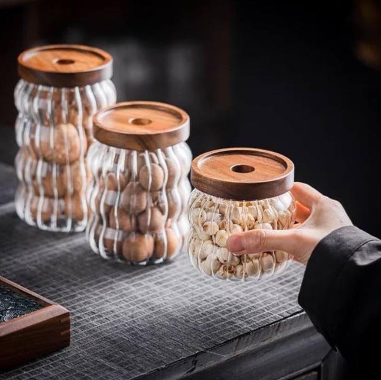 Generic Wavy Glass Storage Jars with Wooden Lids, Clear, Set of 3, Honey-Coloured, for Legumes, Coffee Beans, and Dry Foods, .em