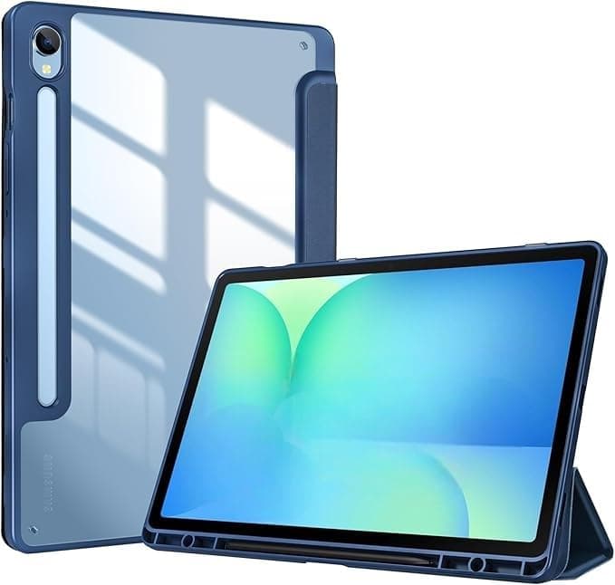 Case Compatible with Samsung S10 Lite with Pencil Holder, Trifold Smart Cover with Soft TPU Front Cover and Transparent Acrylic anti yellowing back Cover, Dark Blue Color