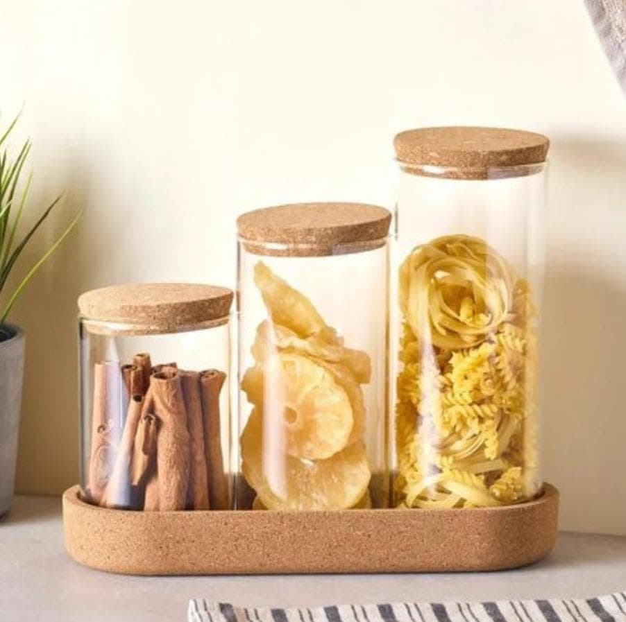 Generic Glass Jar Set with Cork Lids, 3 Sizes, 500/750/1000ml Capacity, Airtight, with Cork Stand, Set of 3, .a2 Food storage container
