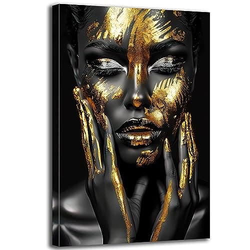 GLOKAKA Black Gold African American Woman Canvas Wall Art Golden Black Woman Prints Posters Picture Pretty Africa Girl Paintings for Bedroom Living Room Home Decor