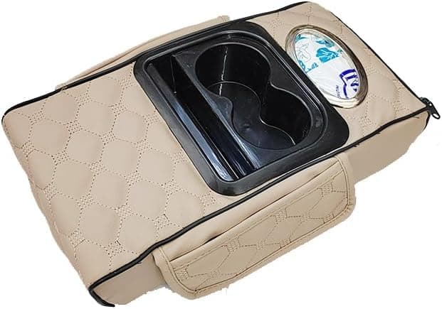 SACAR Universal Car Armrest Compact Design with Lift Pad with Cup Holder Phone Slot and Side Pockets (With Tissue Box, Beige) Auto part