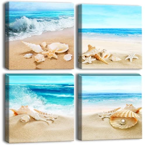 OTOSTAR 4 Pieces Canvas Prints Wall Art - Beach Shells and Sea Picture Painting- Modern Wall Artwork Framed for Bathroom Home Office Decor - 12 x 12 Inch
