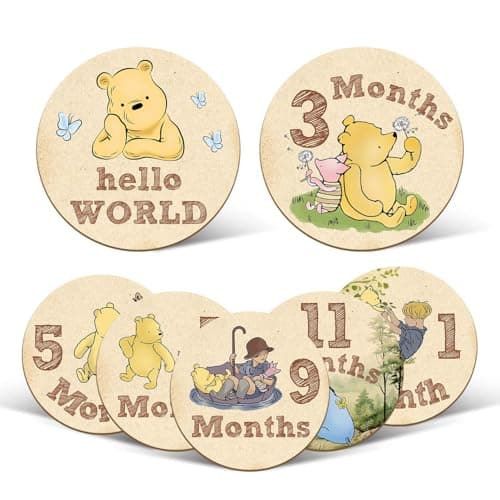 7 Pcs Winnie Baby Monthly Milestone Markers, Double Sided Baby Months Wooden Signs with Storage Bag, Baby Monthly Announcement Wooden Discs, Pregnancy Baby Shower Gifts, Milestone Pictures of Newborn Baby product