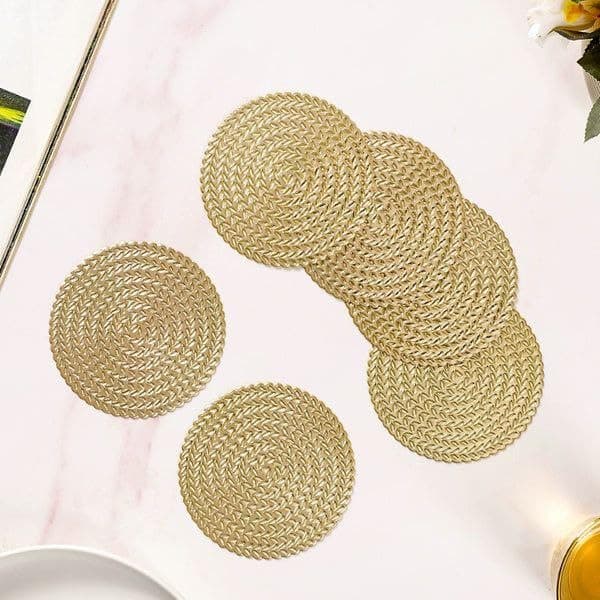 Generic Round Woven Coaster Set, Gold, Leather, 10cm, for Cups and Mugs, Set of 6, .db