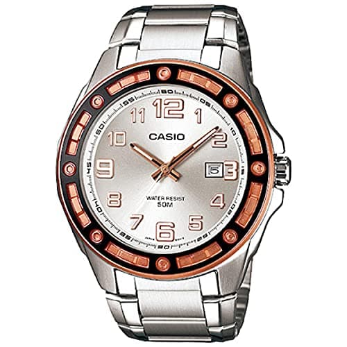 Casio mtp-1347d-7a mens steel dress watch silver dial black/gold bezel new