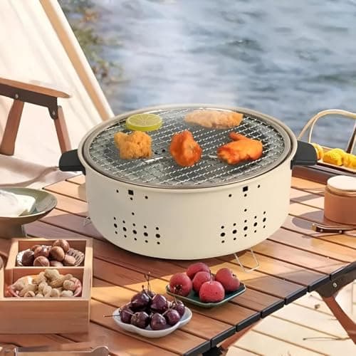 Portable Folding Circular Charcoal Grill with Stainless Steel Mesh Net and BBQ Grilling Tools for Outdoor Camping Garden and Indoor Barbecue Cooking