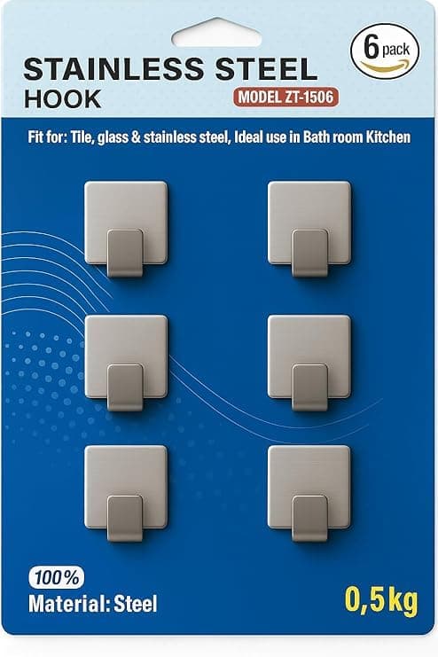 Heavy-Duty Steel Adhesive Hooks (Model ZT-1506) – Pack of 6, Rustproof Wall Hooks for Bathroom, Kitchen, and Office, Up to 0.5 kg Load, No-Drill Self-Adhesive Design (Square, 1)