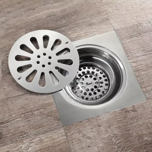SUS304 Stainless Steel Square Floor Drain with Flower Grate Cover 15*15 cm | Hair Catcher Filter, Smooth Foot-Safe Finish, Bathroom & Shower Use, Removable Strainer, Rust-Resistant