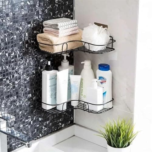 Corner Shower Bathroom Shelf, Rust Proof Bathtub Accessories Organizer, Adhesive Basket Storage Rack Shampoo Holder Wall Organization (provided with 2 heavy duty adhesive wall hooks and 2 solid nails