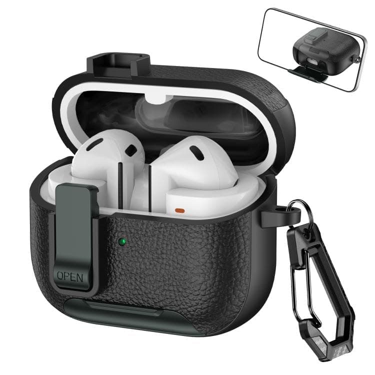 Compatible with Samsung Galaxy Buds3 / Buds3 Pro Leather Texture Wireless Earphones Case with Hook & Holder (Black/Green) Portable electronic device cover