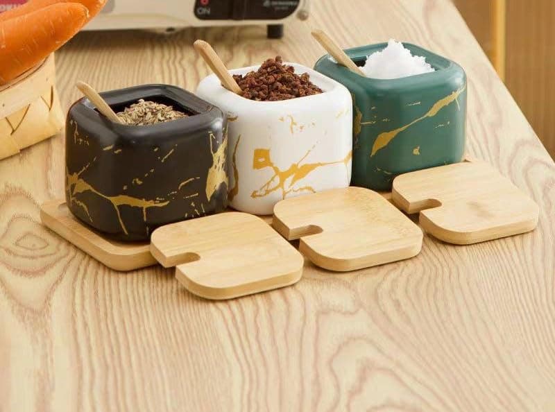 Generic Marble Pattern Ceramic Spice Jars Set with Wooden Spoons and Stand, 3-Piece, Black White .bar Food storage container