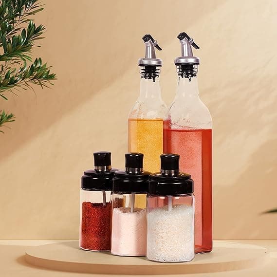 7-Piece Kitchen Glassware Set Spice Jars with Spoons Oil Bottles and Funnel