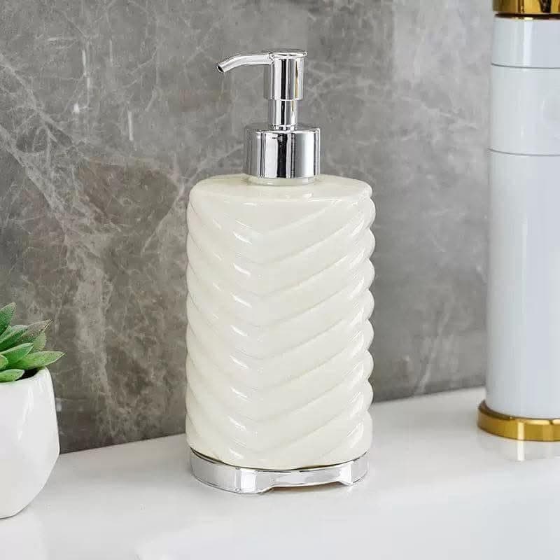 Generic Ceramic Soap Dispenser with Silver Pump, White, Chevron Textured, 7.3x17.3 cm, .em