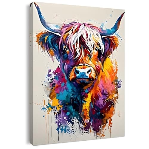 Qiukoo Wall Art – Colourful Highland Cow Canvas Print, Modern Abstract Animal Artwork for Bedroom, Living Room, Hallway or Stairs, with Pre-Mounted Frame and Hanging Hooks, 12 x 16Inches
