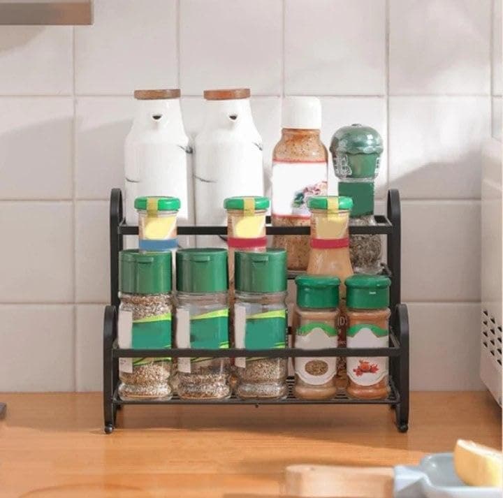 Generic 2-Tier Metal Spice Rack, Black, Versatile Kitchen and Bathroom Organiser, Countertop Stand, 36 cm, .nin