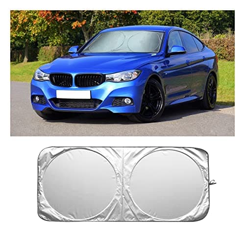 LoyaForba Windshield Sun Shade with Steering Wheel Sun Shield, Small | 210T reflective fabric, dual-layer construction, elastic storage straps, fits matching windshield size, interior accessory Vehicle interior shade