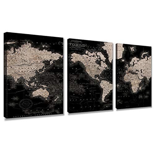 Vintage World Map Canvas Wall Art Retro Map of The World Canvas Prints Framed and Stretched for Living Room Ready to Hang 12''x16'' 3 Piece