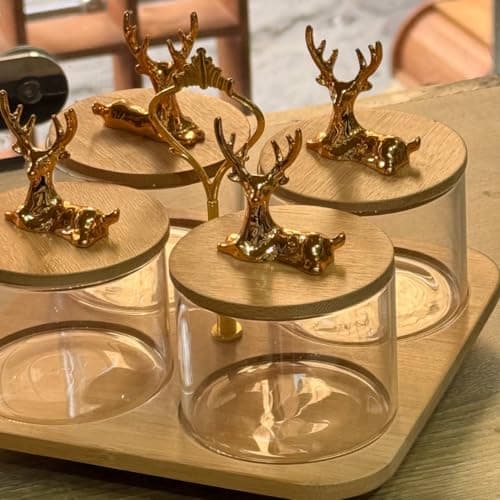 Glass Spice and Candy Jar Set with Wooden Lids, Gold Deer Figurine Handles, 360-Degree Rotating Base, 250 ml, 4 Pieces, .za