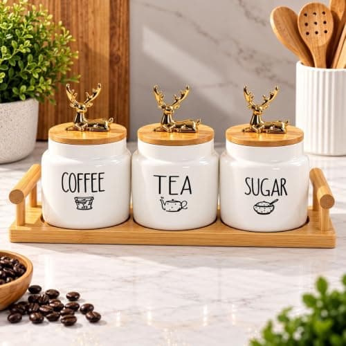 Generic 3-Piece Jar Set, Ceramic design featuring wooden lids and golden deer figurines, Perfect for neatly and elegantly storing sugar, tea, and coffee, .Ais