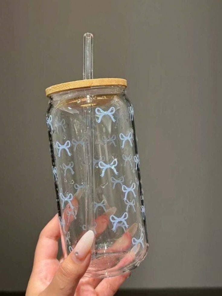 Generic Glass Can Jar Mug with Bow Pattern, 500ml, Bamboo Lid and Glass Straw, Heat and Cold Resistant, .hg