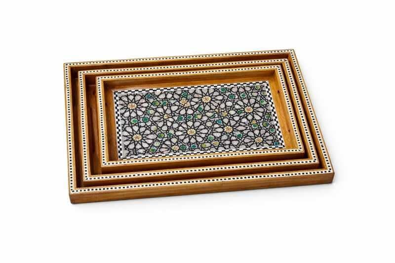 Wooden Serving Tray with Seashell Decoration Rectangular 3 Pieces
