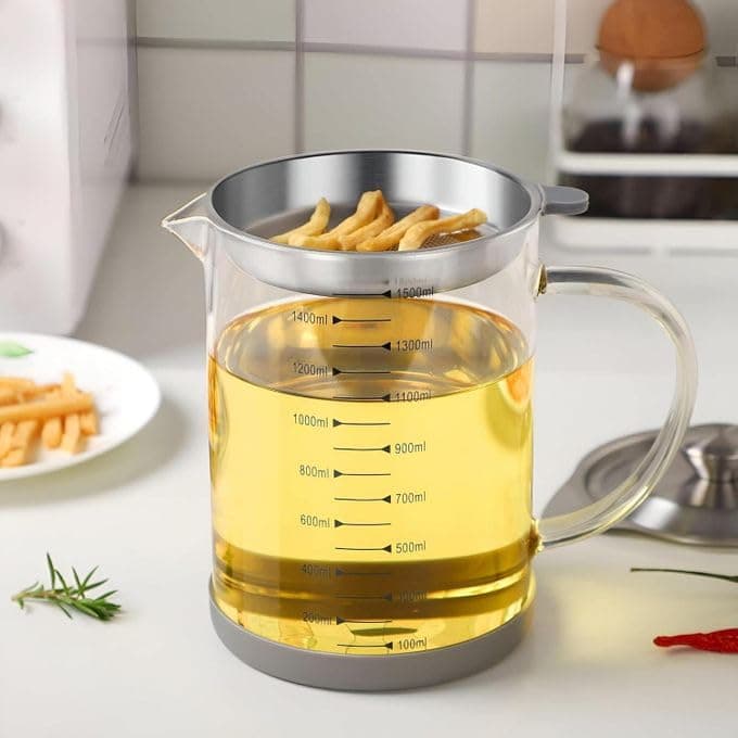 heat-resistant glass Oil Strainer Container with Stainless Steel Lid & Filter Pot