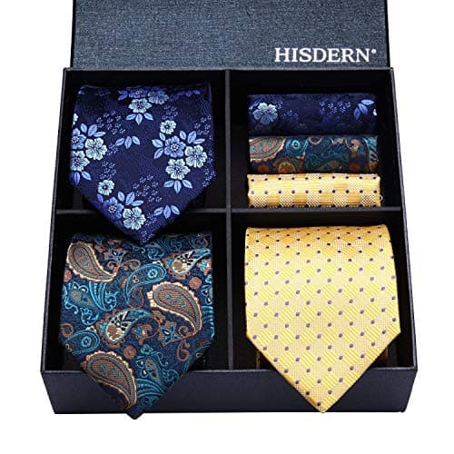 HISDERN Lot 3 PCS Classic Elegant Men's Silk Tie Set Necktie & Pocket Square - Multiple Set Apparel