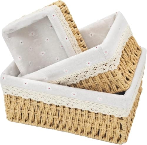 3-Piece Woven Rattan Storage Basket Set Lined Rectangular Home Organizers