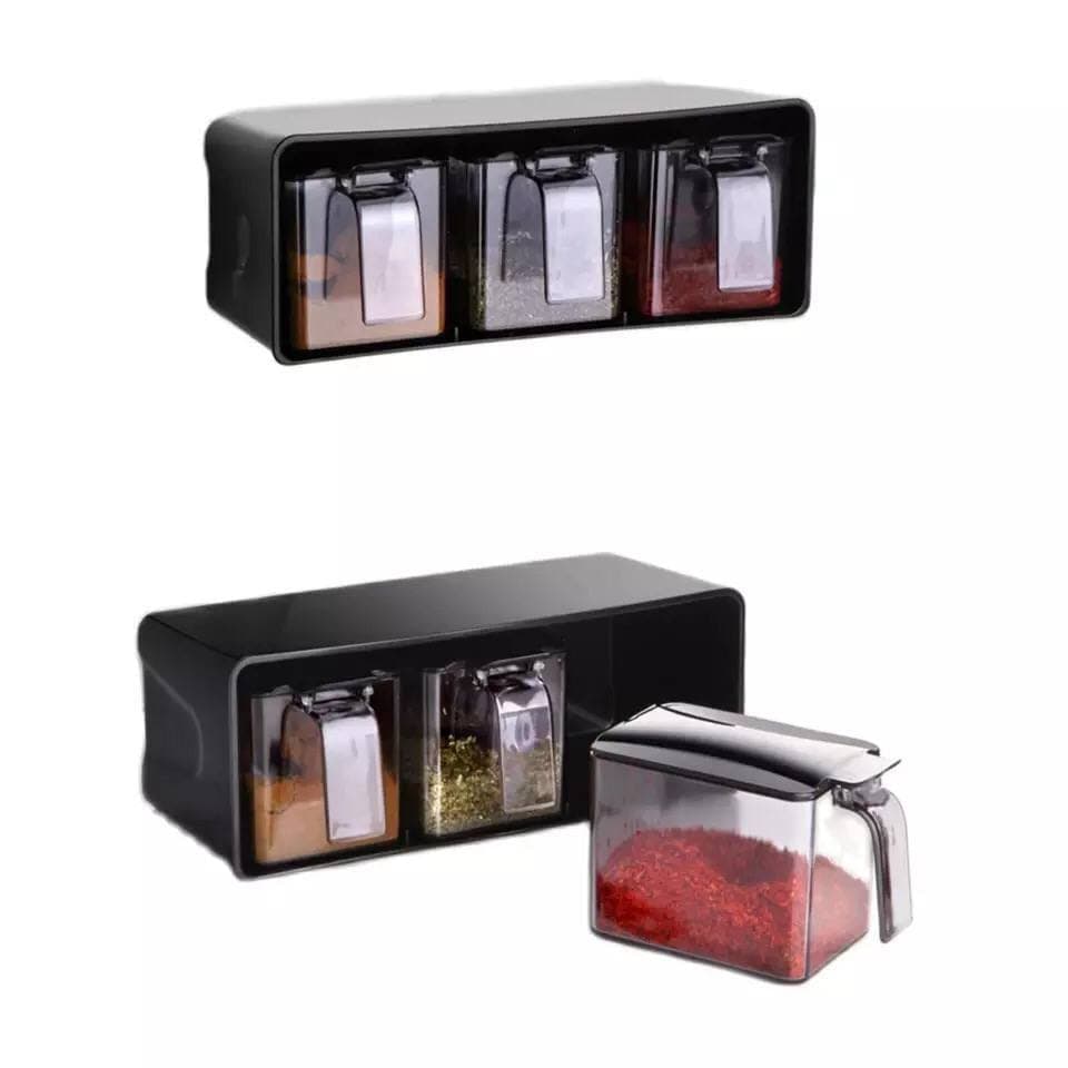Generic Acrylic Spice Dispenser Set, 3-Piece Kitchen Organiser with Spoons, Clear Containers for Spices, Sugar, or Tea, Black, .hg