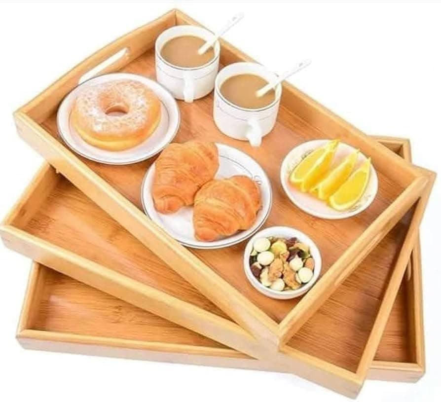 Generic Wooden Serving Tray Set of 3, Natural Wood with Handles, .rom