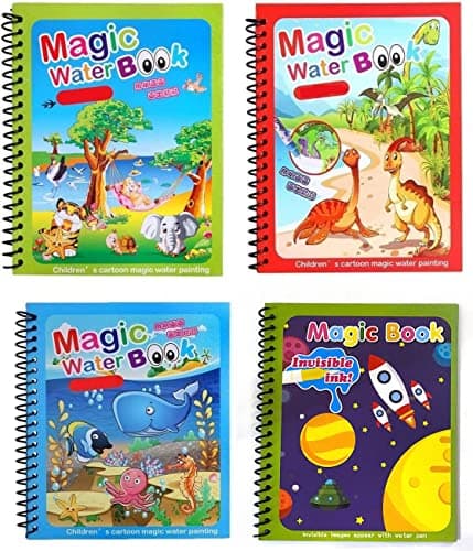Dreamons link kids magic water colouring book (pack of 4 books) unlimited fun with water wow! aqua doodle coloring drawing reusable water-reveal activity pad, chunky-size water pen for birthday gift Art media paper