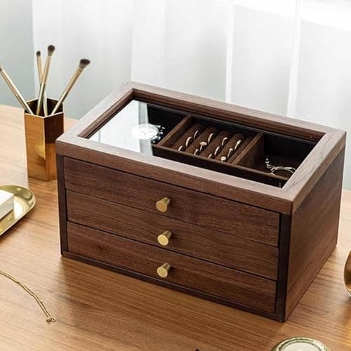 Jewelry Accessory Organizer Box in Natural Wood with Clear Lid and Metal Handle for Rings and Earrings