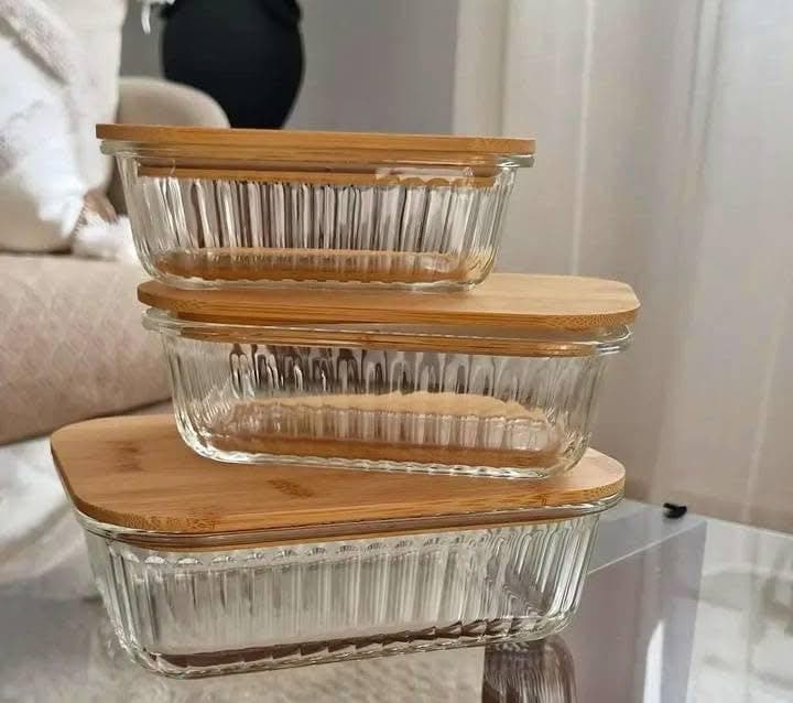 Generic Rectangular Ribbed Glass Food Storage Containers with Lids, Silicone Sealed, Set of 3 Sizes, .sew