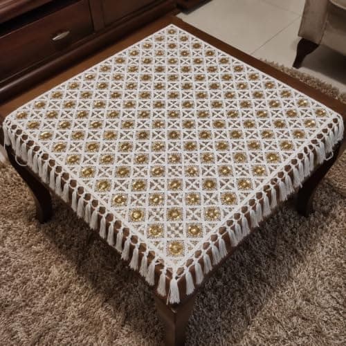 Generic Handcrafted Square Macrame Tablecloth with Gold Sequin Embellishments and Tassel Fringe, White, .reh