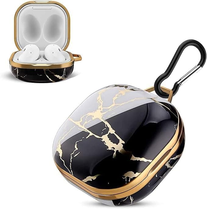 Compatibility With Samsung Galaxy Buds FE 2023 Case Hard Plating Stylish Full Body Protector with Keychain Case Bumper for Samsung Galaxy Buds 2 Pro 2022/Buds 2 2021/Galaxy Buds Live (Black White)